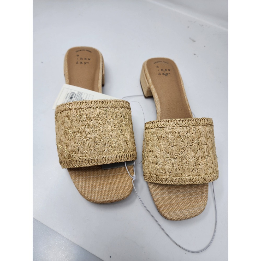 A New Day Womens Block Heel Slide Sandals Beige Woven Straw Casual Size 6.5
